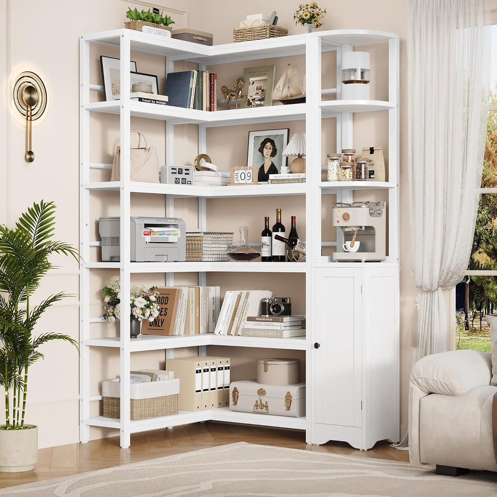 Keyluv 72' Tall Corner Bookshelf with Door, 6-Tier L Shaped Bookshelves and Bookcase with Storage Cabinet, 2 Pieces Individual Convertible Book Shelf, Display Shelf for Home Office Living Room, White