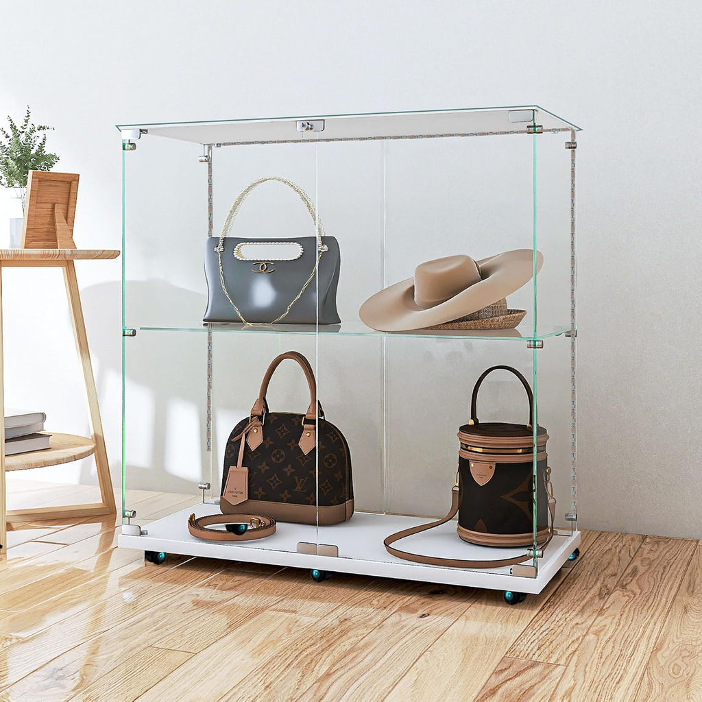 34.17' Tall Tempered Glass Display Cabinet with LED Lights&Rolling Wheels, Curio Cabinet with 2 Shelves with 2 Door, Quick-Install Style Floor Standing Bookshelf File Cabinet for Living Room Office