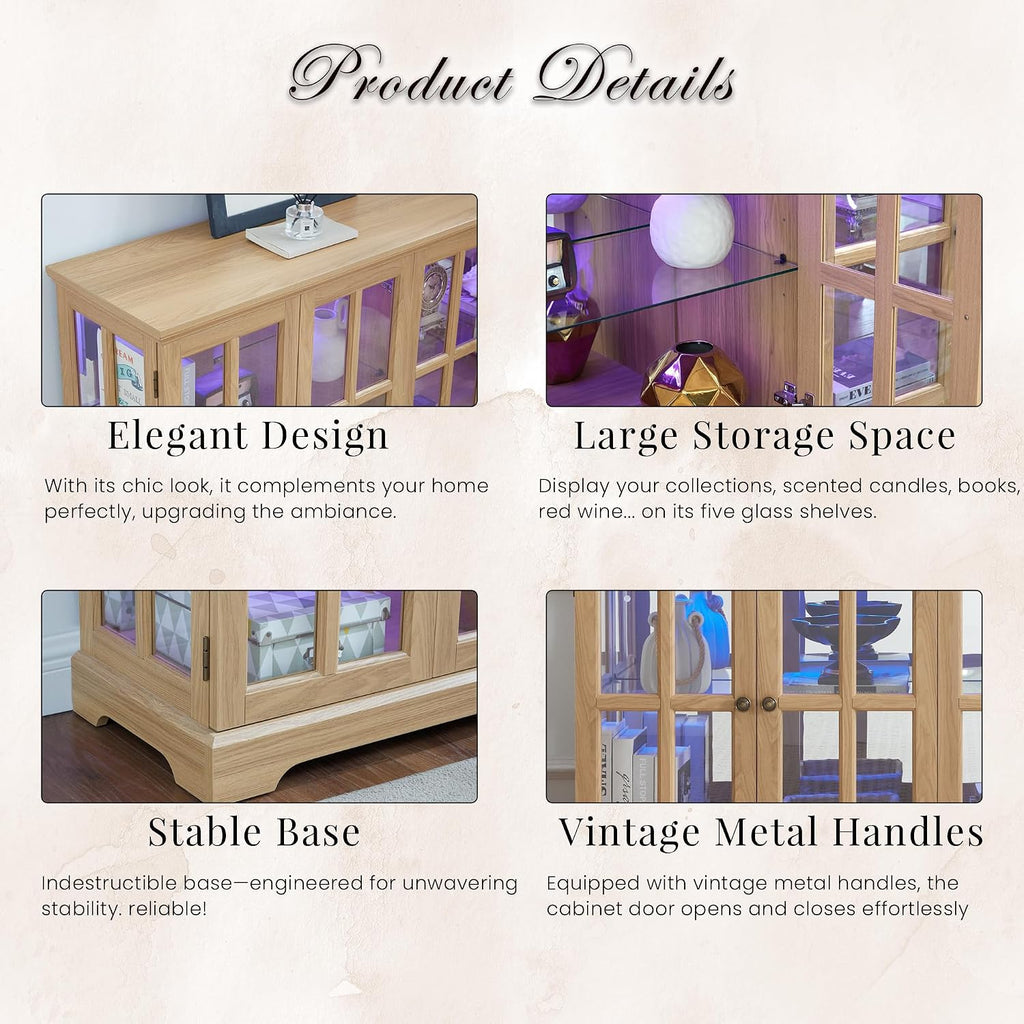 59' W LED Curio Cabinet with 7 Color Lights, Vintage Glass Display Case with Glass Doors, Smartphone-Controlled, Short Wooden China Cabinet with Adjustable Shelves for Living Room, Entryway(Light Oak)