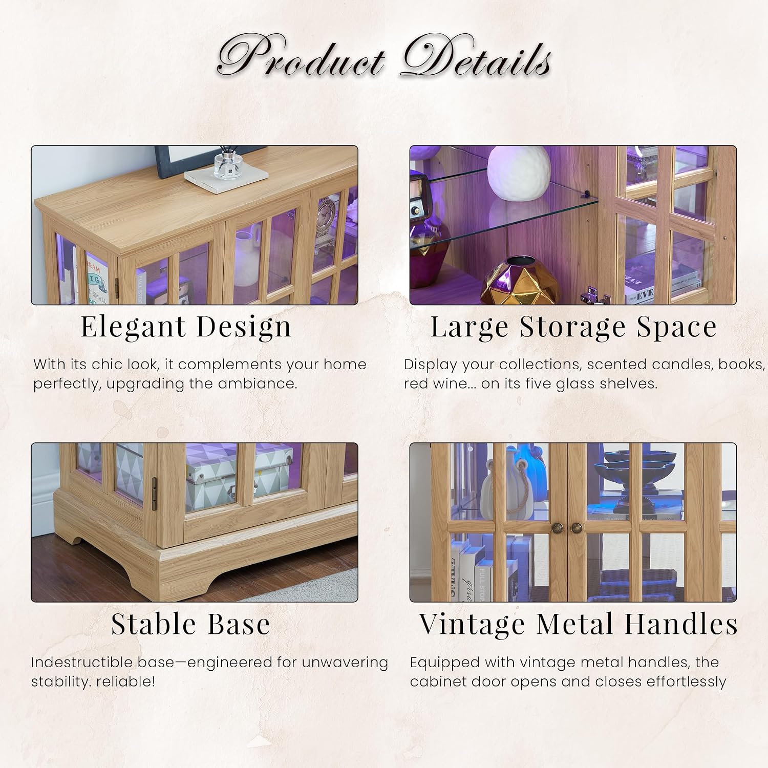 59' W LED Curio Cabinet with 7 Color Lights, Vintage Glass Display Case with Glass Doors, Smartphone-Controlled, Short Wooden China Cabinet with Adjustable Shelves for Living Room, Entryway(Light Oak)