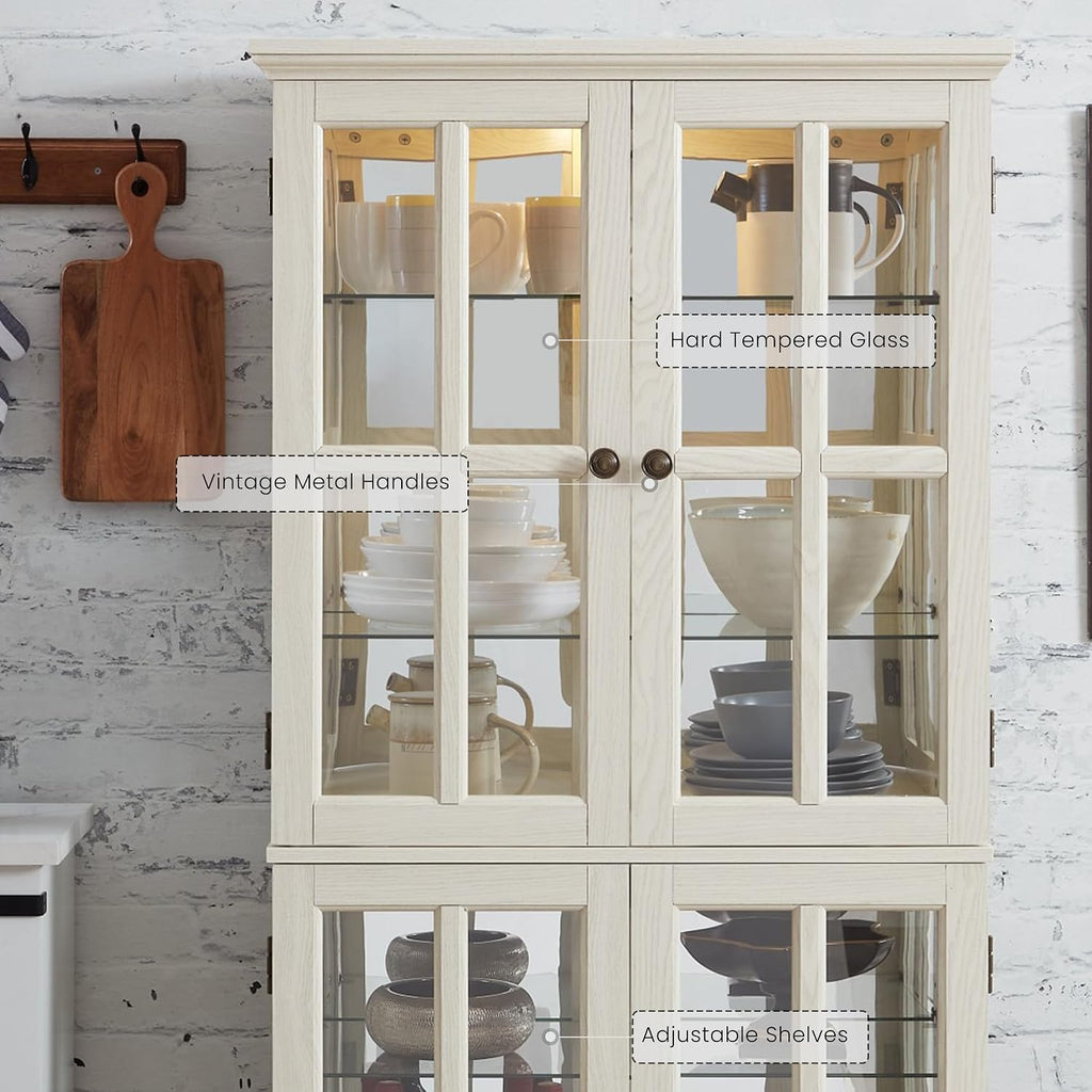 Glass Display Cabinet, 69' H Curio Cabinet with Adjustable Shelves and 4 Glass Doors, Light Bulb Included, Elegant Antique Showcase, Rack for Living Room/Home Office (White)