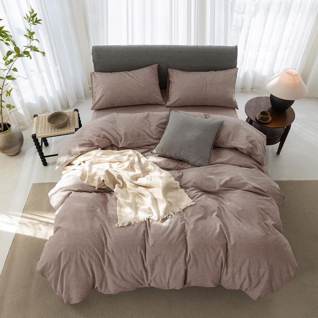 Super King Plus Cooling Duvet Cover Set - 3 Pieces 100% Cotton Bedding, Breathable, Crisp Linen-Like Texture, Naturally Soft & Gets Better，Hidden Zipper & Corner Ties – Mauve Brown, 120'x120'