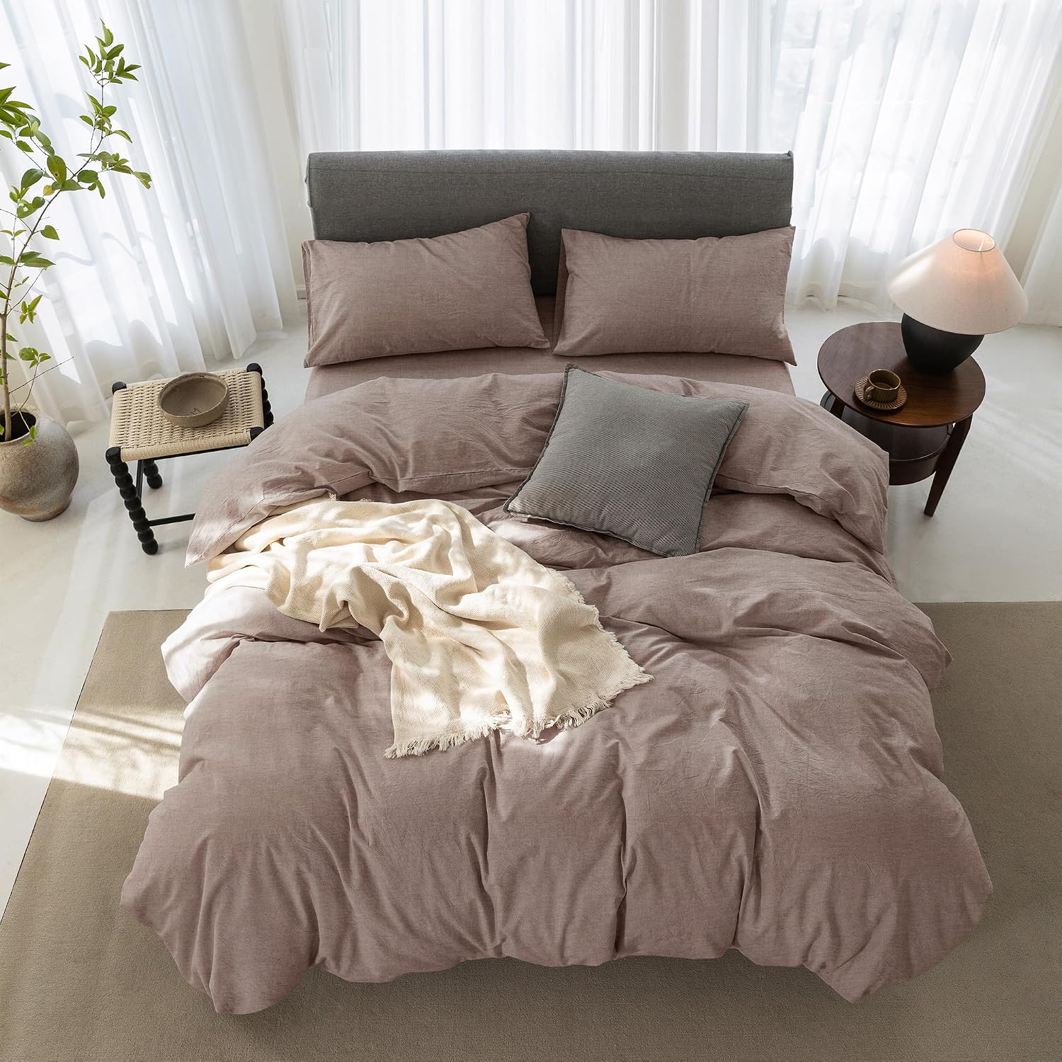 Super King Plus Cooling Duvet Cover Set - 3 Pieces 100% Cotton Bedding, Breathable, Crisp Linen-Like Texture, Naturally Soft & Gets Better，Hidden Zipper & Corner Ties – Mauve Brown, 120'x120'