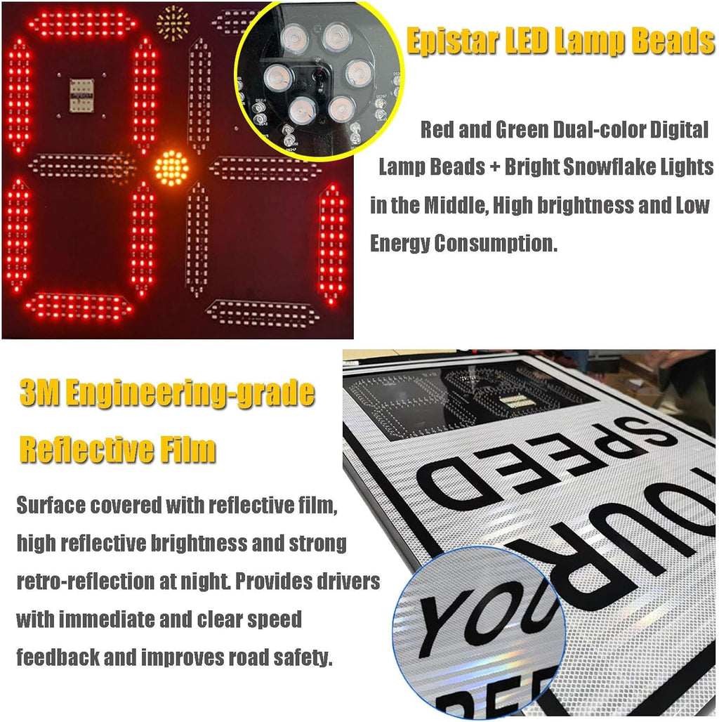White Speed Display Radar Traffic Warning Sign, 24'x35'/20'x27' Solar LED Variable Speed Limit Sign Radar Vehicle Feedback Signage for Roadway Safety, with Accessories(A,50 * 70cm)