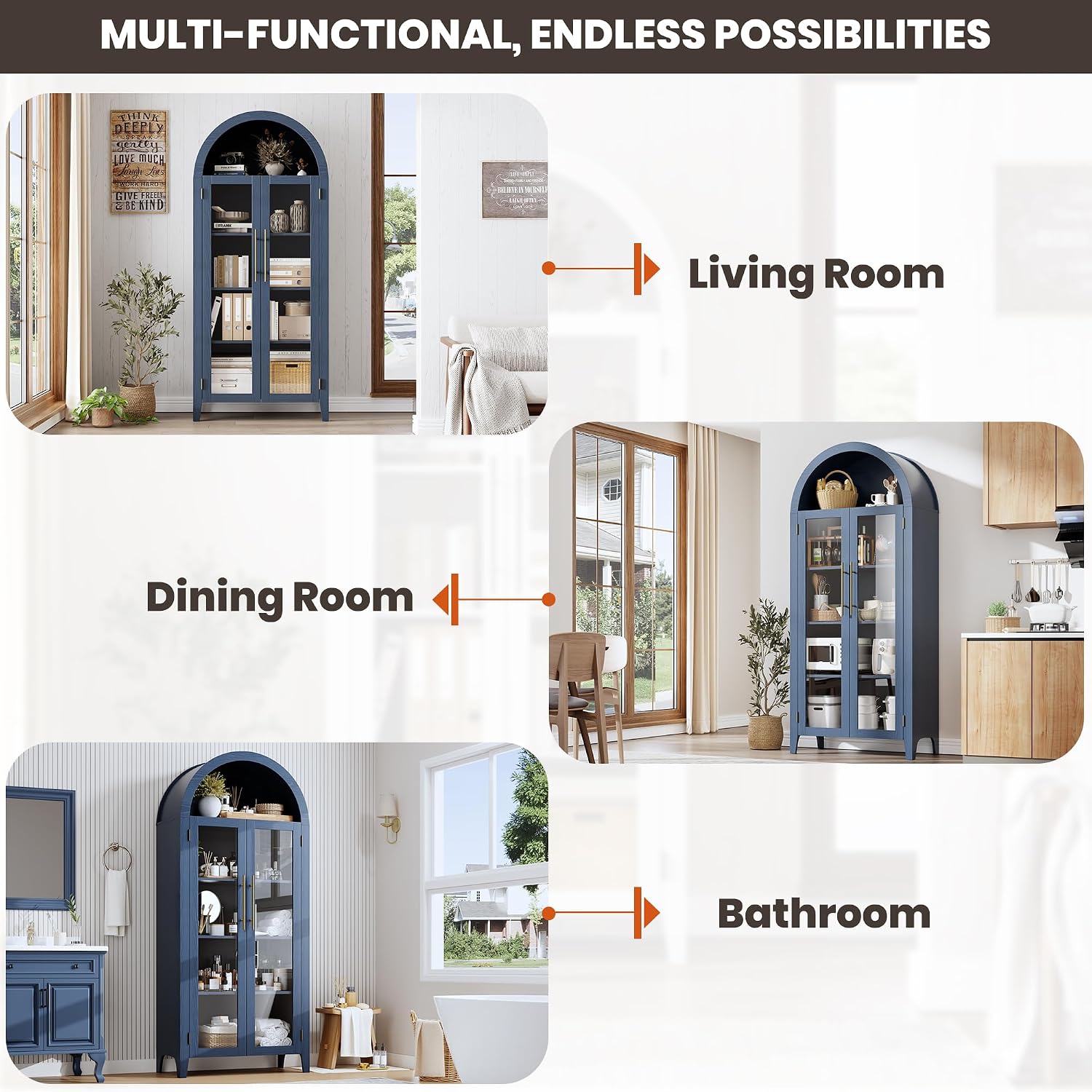 IDEALHOUSE Arched Kitchen Pantry Storage Cabinet - Farmhouse 5-Tier Display Shelf with 2 Large Glass Doors and Adjustable Shelf, Versatile Cupboard for Kitchen, Dining Room, Living Room, Night Blue