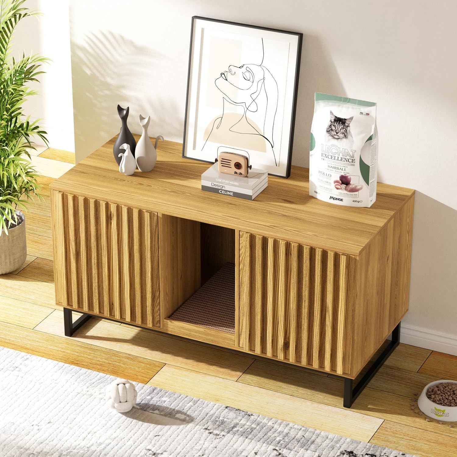 Double Litter Box Enclosure,Modern Cat Litter Box Enclosure for 2 Cats, Hidden Litter Box with Cat Scratch Pad, Cat Washroom Cat House End Table, Entryway Bench for Livingroom (Natural)