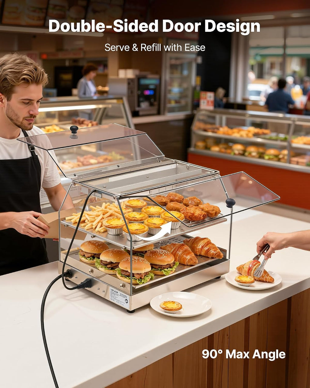 VEVOR 2-Tier Commercial Food Warmer Display, 450W Food Display Warmer with Light, Detachable Shelves and Double-Sided Door Design, 85℉~185℉ Air Heating, 48L for Hamburger, Pizza, Bread, Fried Chicken