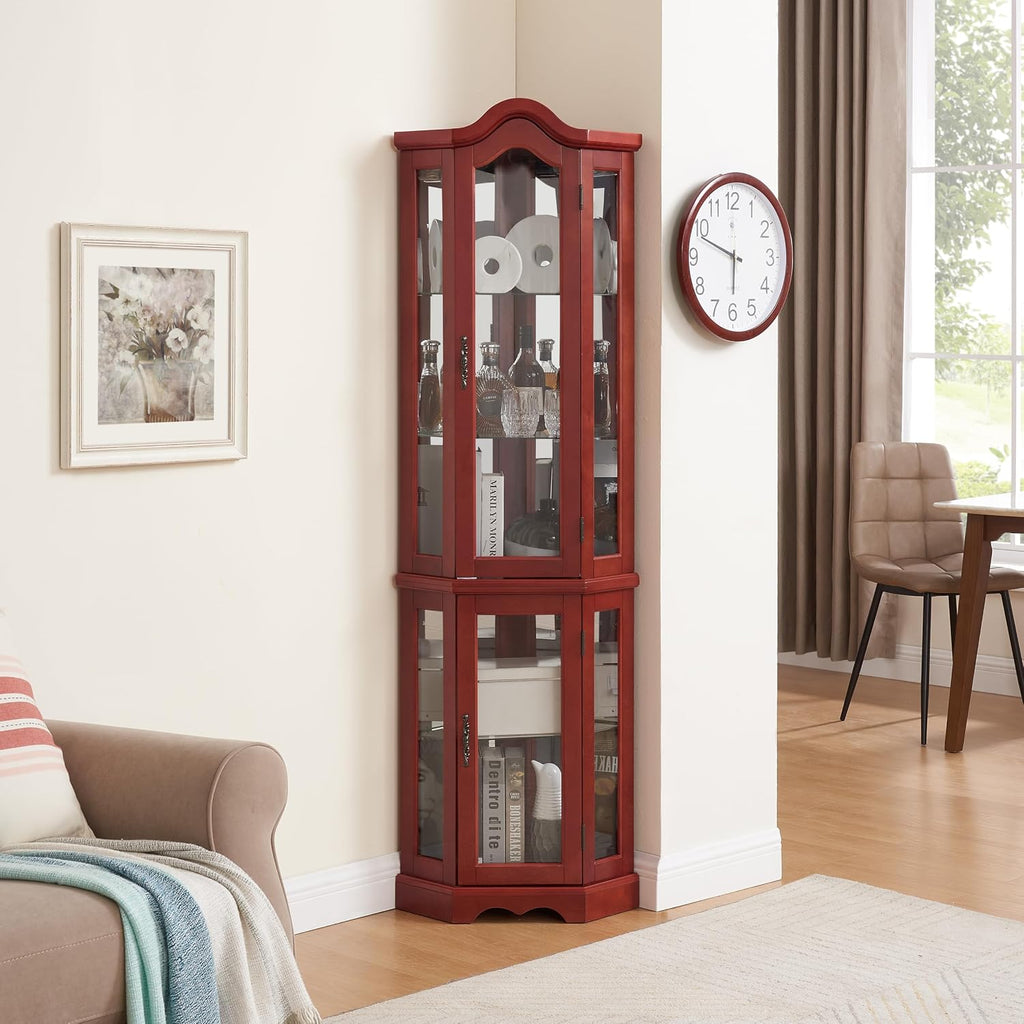 70' H Lighted Curio Cabinet Corner Display Case, Corner Glass Case w/Tempered Glass Door & Adjustable Shelves, Carved Crown Decoration Wooden Cabinet w/Mirrored Back Pane (Cherry)
