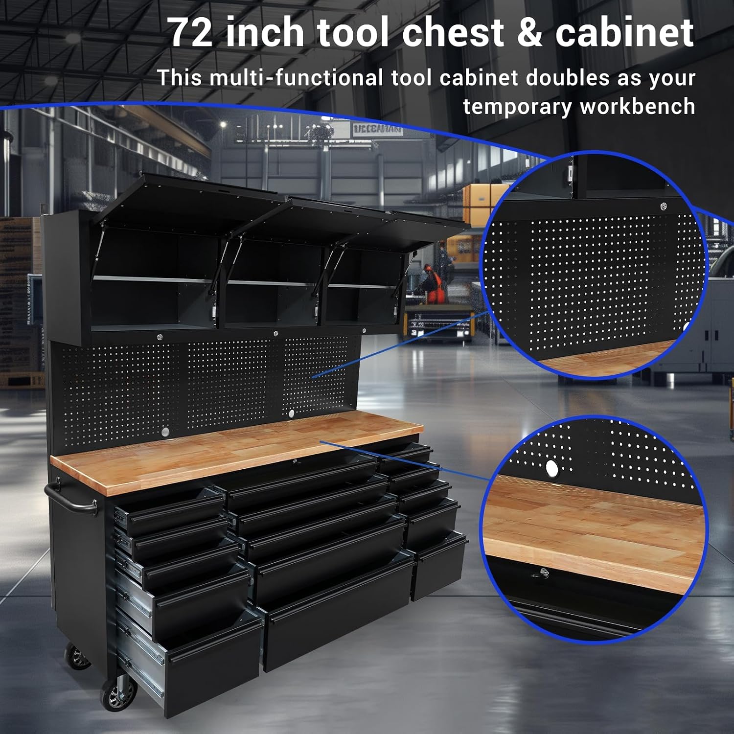 CHETTO C 72 Inch Tool Box Rolling Tool Chest 3 Upper Cabinets with 15 Storage Drawers Pegboard Large Toolbox with Wheels for Garage Warehouse Basement Home Pantry (Black)