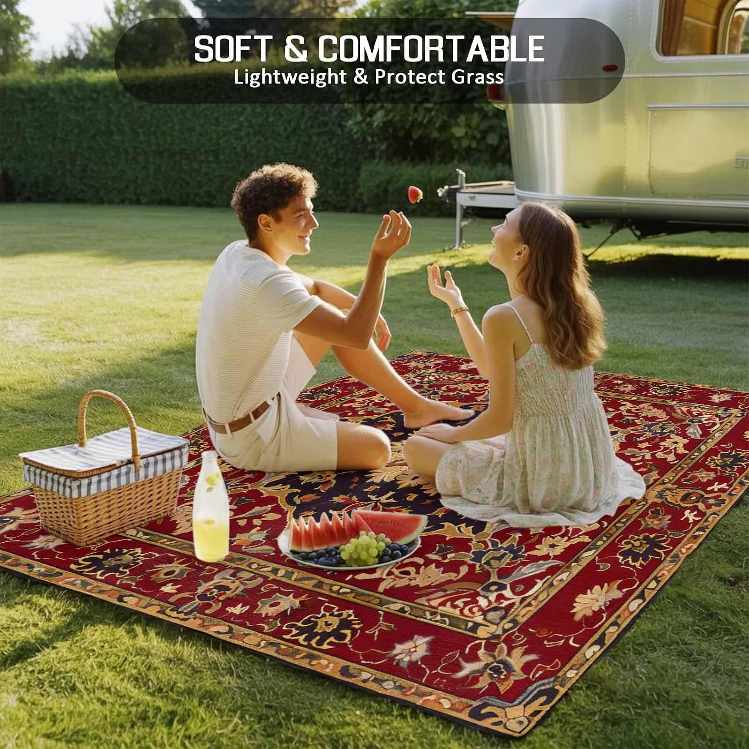 Outdoor Rug 4x6ft Floral Leaves Frames Vintage Mid Century Afghan Black Wheat Red Patio Area Rugs Waterproof Easy Cleaning Non Shedding Thick Mats Carpet for Indoor Outdoor Porch Deck Balcony