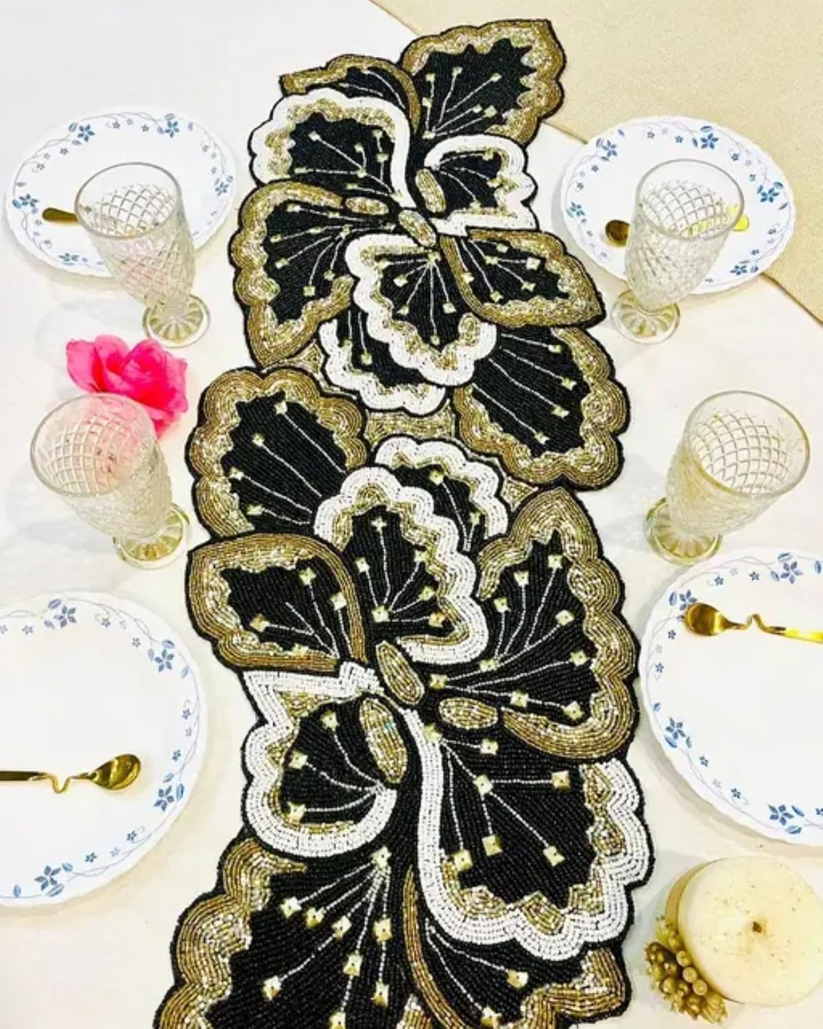 Beaded Handmade Table Runner, Black Gold White, Sequin Embellished, Floral Pattern, Elegant Dining Decor