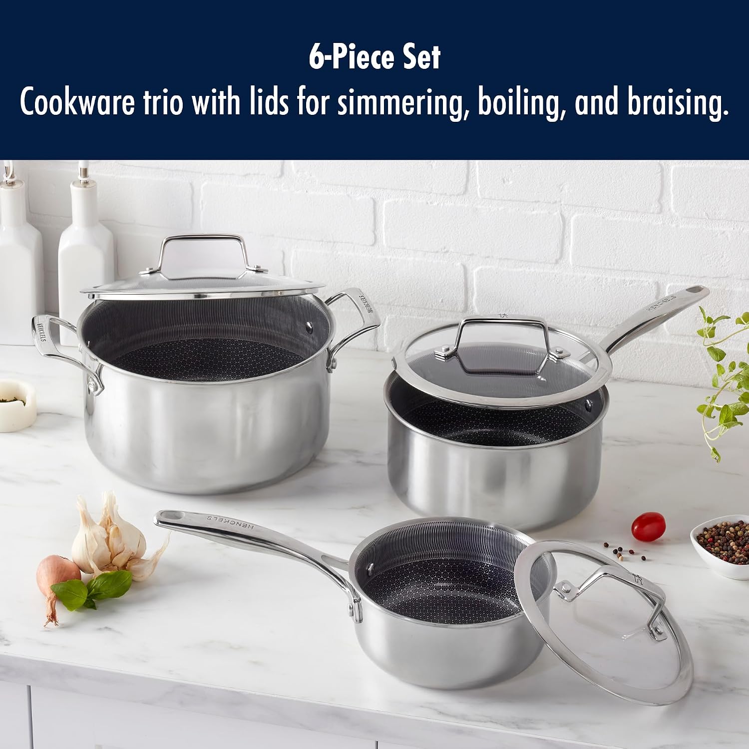 Henckels Paradigm Stainless Steel 6 pc Cookware Set, Tri-Ply Ceramic Nonstick Cookware with Dutch Oven, Non Toxic Induction Cookware Set, Metal-Utensil & Dishwasher Safe