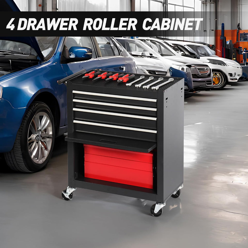 4-Drawer Rolling Tool Chest, Cabinet with 4 Wheels Tool Chest with Drawers, Suitable for Garages, Warehouses, Workshops, Repair Shops, Black