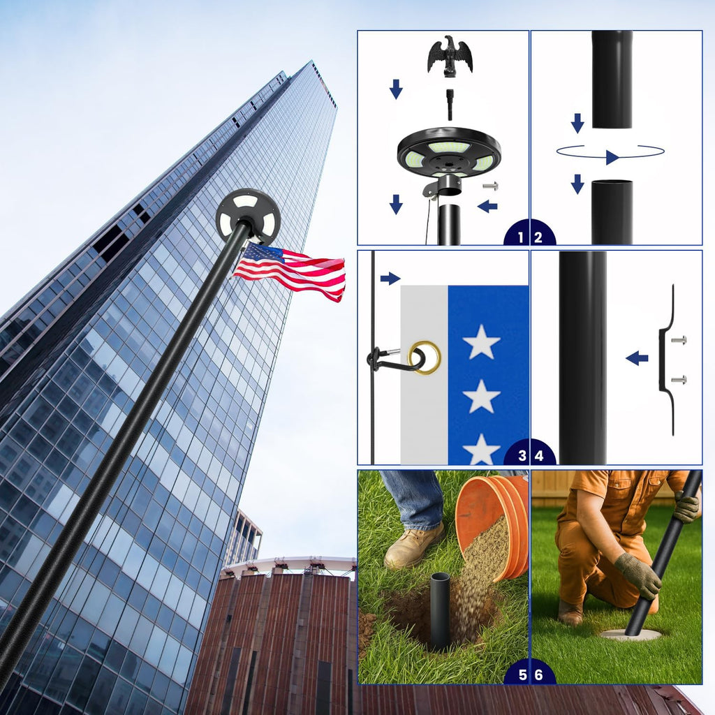 20FT Heavy Duty Flag Pole for Outside House, 100MPH Wind Rated 12 Gauge Extra Thick Aluminum Flagpole Kit, Black Eagle Topper & Solar Light, All-Weather Yard Display with Ground Sleeve, 3x5 USA Flag (Black, 20 FT with Light)