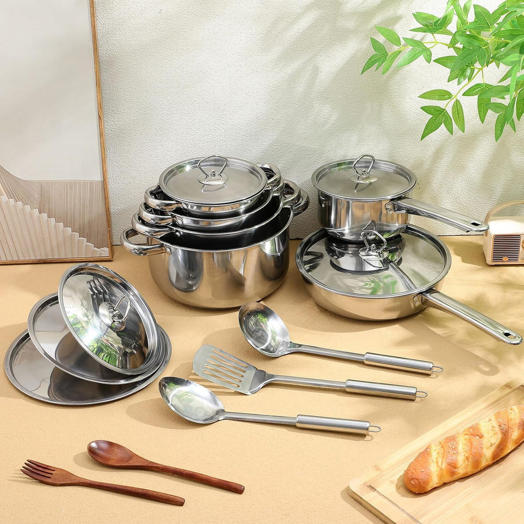 15pcs Stainless Steel Cookware Set with Lids and Cooking Utensils, Induction Compatible Kitchen Pots and Pans Set with Composite Bottom for Gas, Electric, and Induction Stoves
