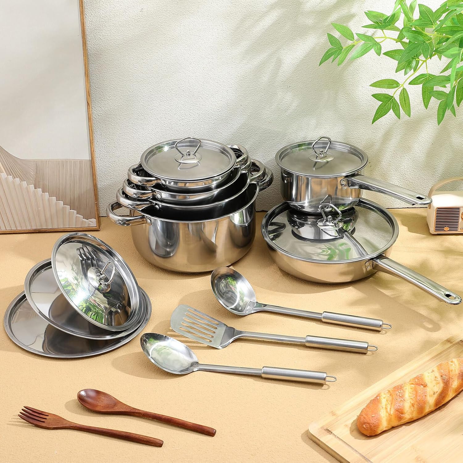 15pcs Stainless Steel Cookware Set with Lids and Cooking Utensils, Induction Compatible Kitchen Pots and Pans Set with Composite Bottom for Gas, Electric, and Induction Stoves