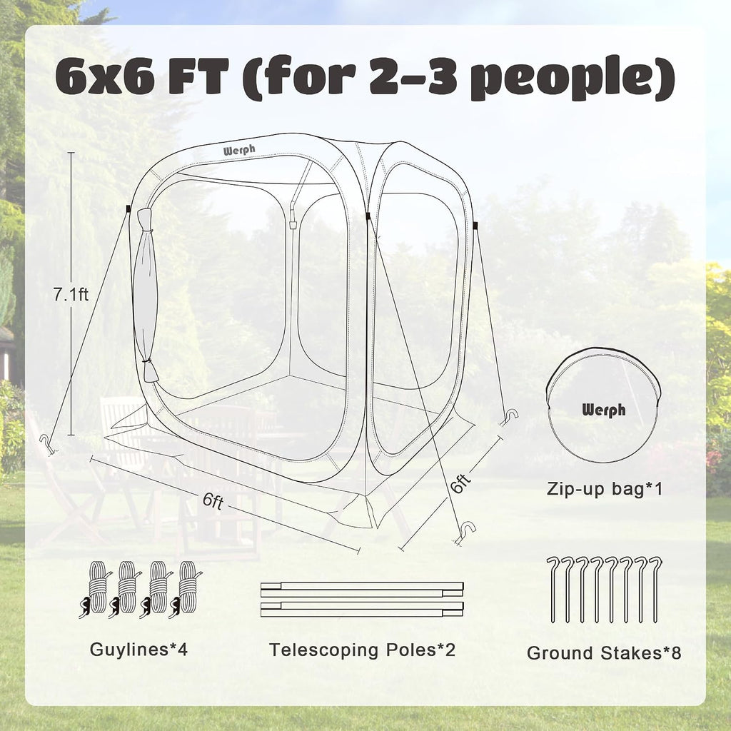 Werph 6x6 Pop Up Screen Tent, Mosquito Net Gazebo, UV Resistant Roof Waterproof Screen Canopy, Quick Setup Outdoor Shelter for Backyard, Patio, Garden, Picnic, Camping and Events, Green