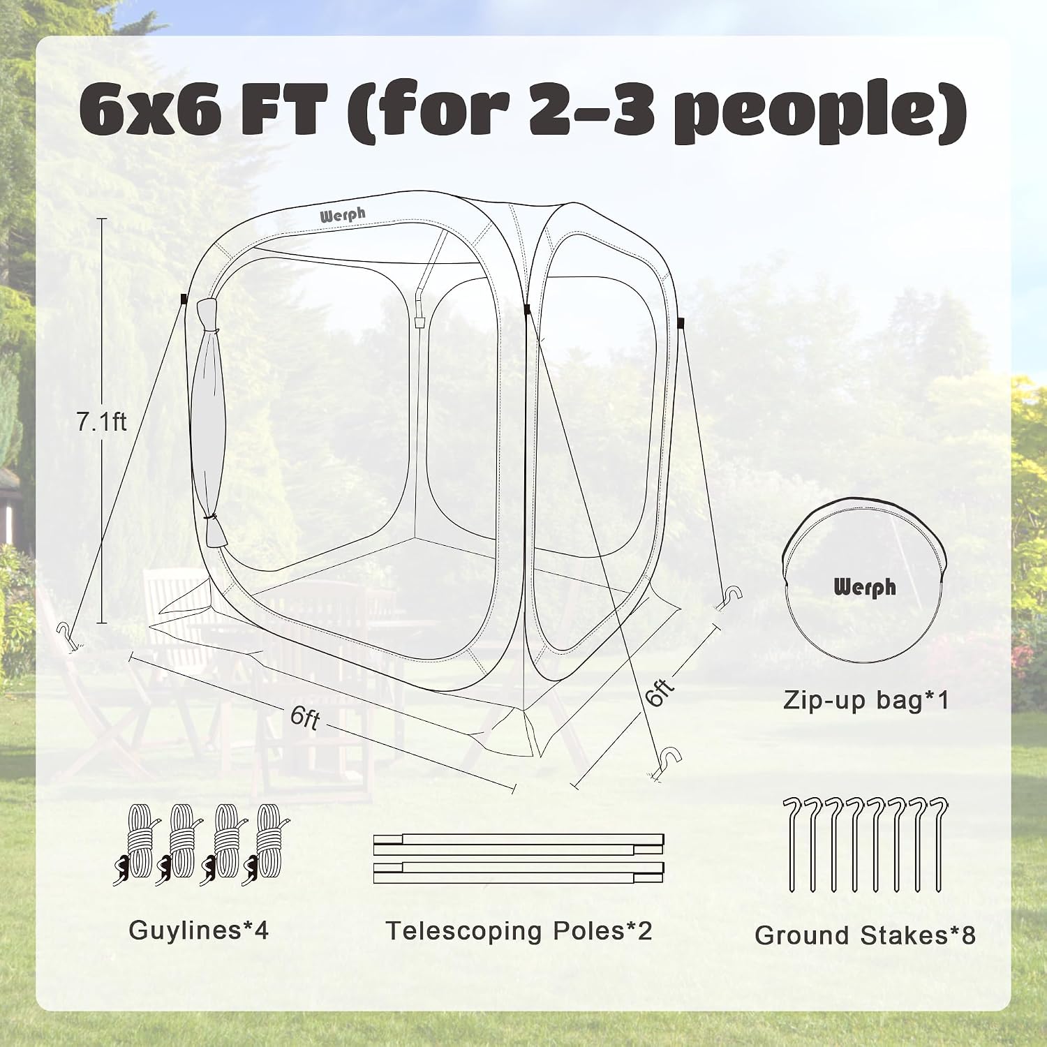 Werph 6x6 Pop Up Screen Tent, Mosquito Net Gazebo, UV Resistant Roof Waterproof Screen Canopy, Quick Setup Outdoor Shelter for Backyard, Patio, Garden, Picnic, Camping and Events, Green