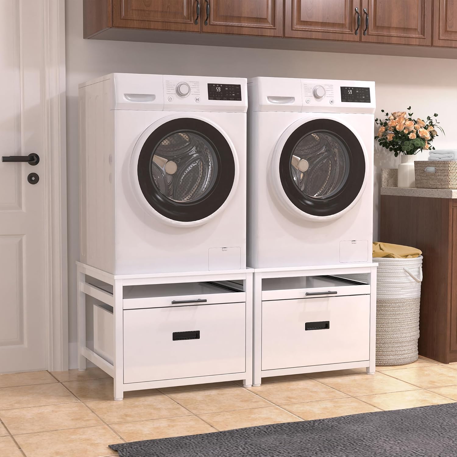 GDLF Washer Dryer Pedestal, 24.1' Laundry Pedestal for Compact Washing Maching, Washer and Dryer Stand with Shelf and Base Storage,White