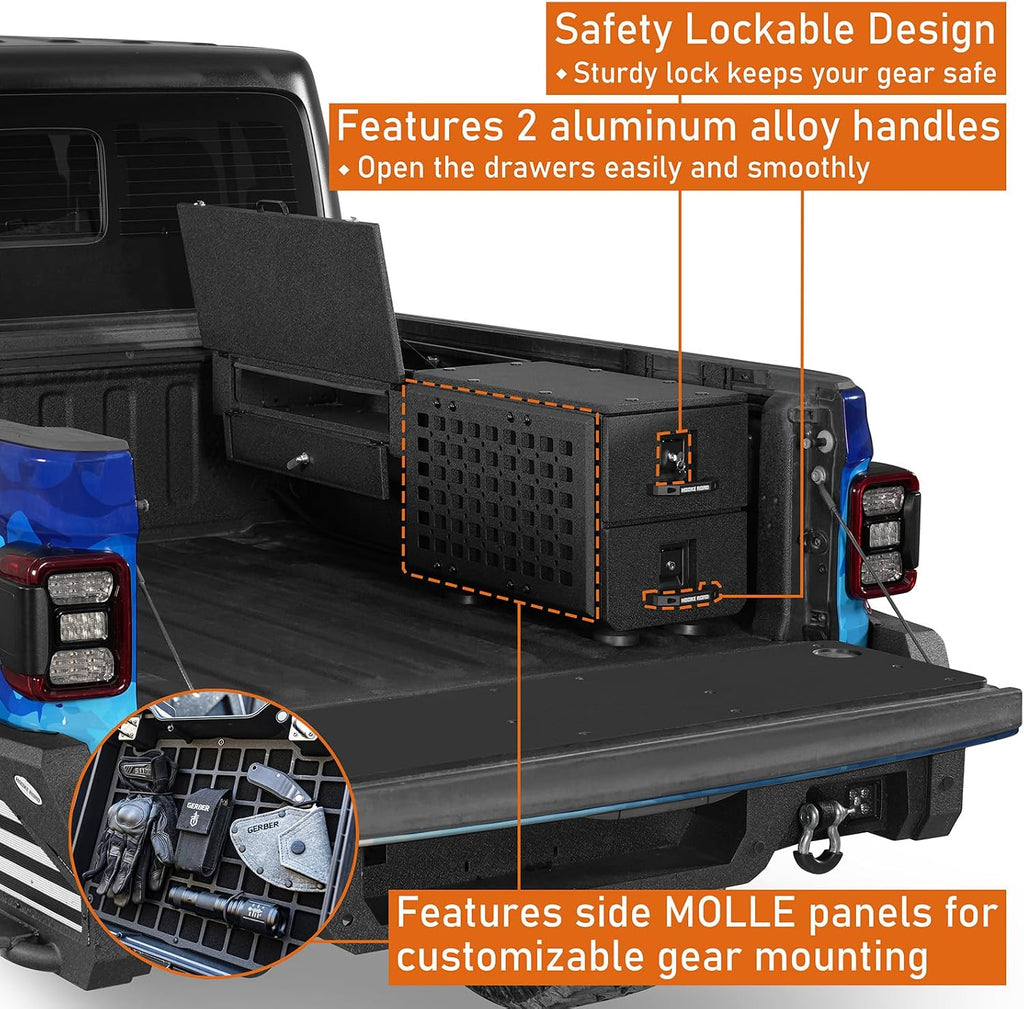 Hooke Road Truck Bed Wheel Well Tool Box with MOLLE Panel for Jeep Gladiator JT, Toyota Tacoma, Chevy Colorado & GMC Canyon 5'2' Bed, Solid Steel Storage Box with Drawer and Lock Keys