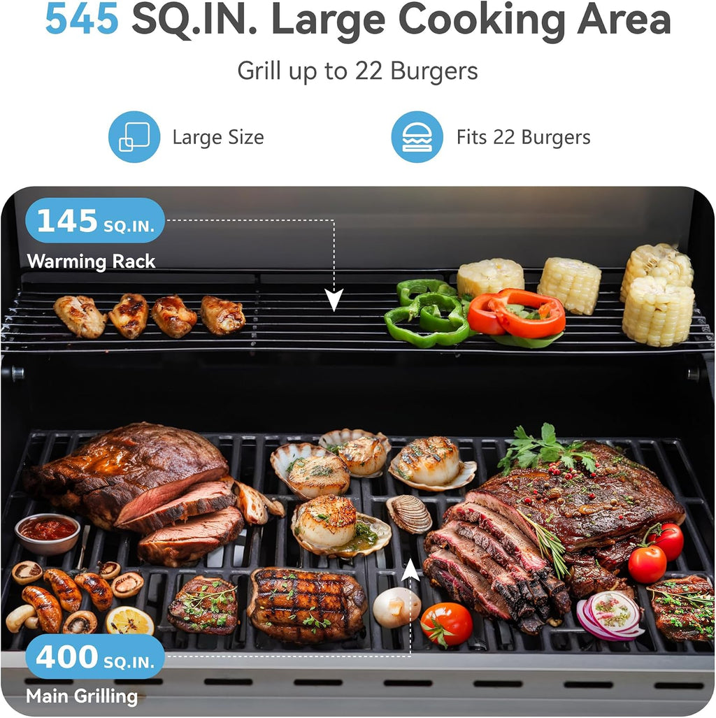 GREEN PARTY 4 Burner BBQ Propane Gas Grill with Side Burner & Porcelain-Enameled Cast Iron Grates, 545 SQIN Grilling Area 42,000 BTUs Barbecue Grill for Outdoor Cooking Garden Patio Backyard, Silver