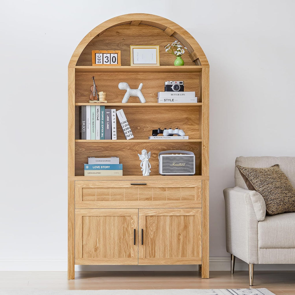 Turtle&Myrtle 73' H Large Arched Bookshelf，5-Tier Arch Bookcase with Doors，Mid Century Modern Book Shelf with Drawers，Wood Bookshelf w/Open Display Shelves for Living Room, Office (Natural)