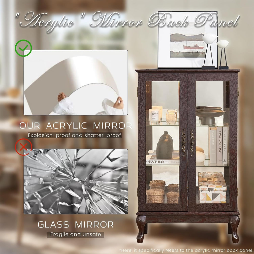 44' Small Lighted Glass Accent Curio Cabinet, Vintage China Cage with Tempered Glass Doors & Adjustable Shelves, Acrylic Mirrored Pane, Elegant Wine Artwork Showcase for Living Room (Dark Cherry)