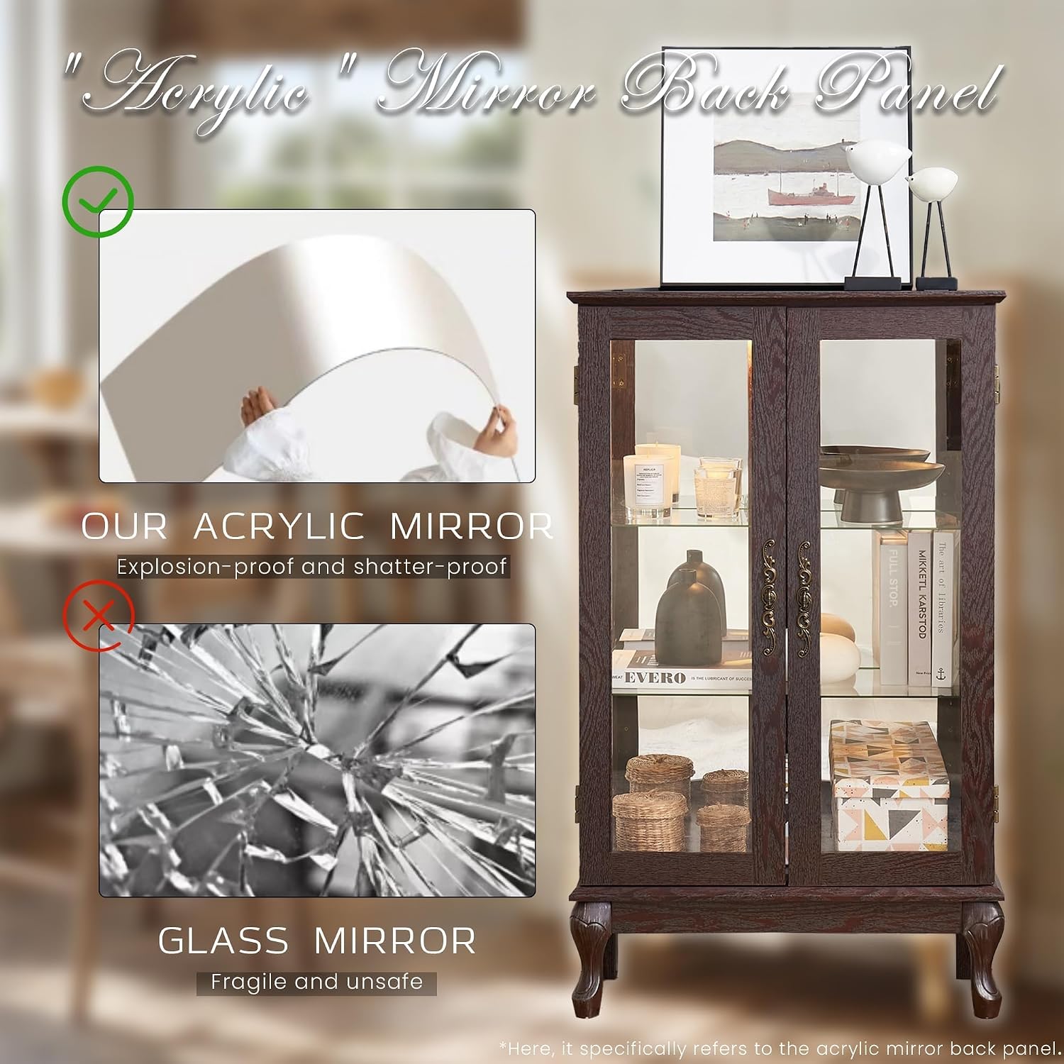 44' Small Lighted Glass Accent Curio Cabinet, Vintage China Cage with Tempered Glass Doors & Adjustable Shelves, Acrylic Mirrored Pane, Elegant Wine Artwork Showcase for Living Room (Dark Cherry)