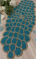 Beaded Table Runner, Turquoise Blue with Gold Trim, Scalloped Edge Design, Handcrafted Decorative Accent