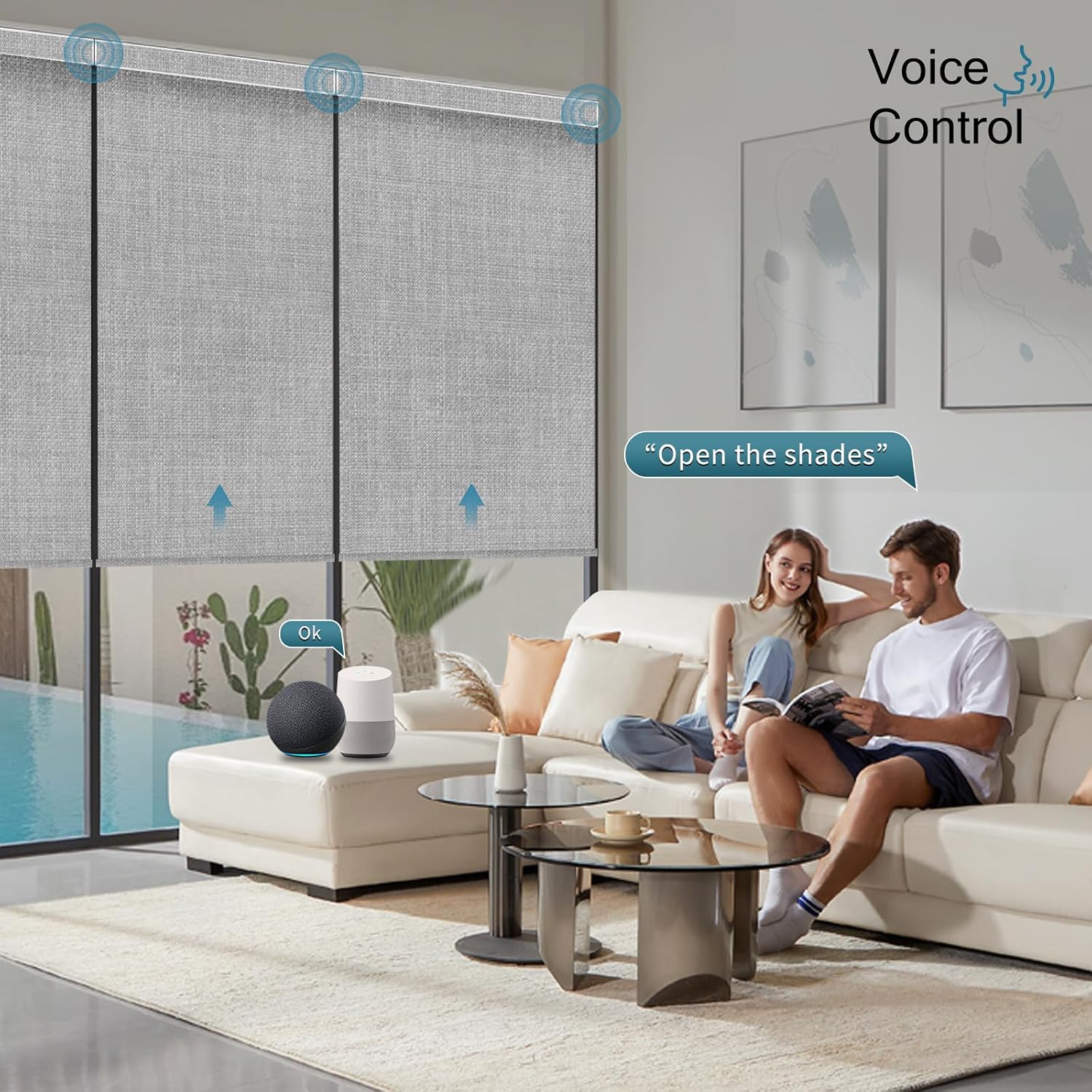 Motorized Roller Shade, 100% Blackout Smart Window Blinds Work with Homekit, Alexa, Google Home, Remote Control, Electric Blinds with USB/Solar Pannel Charging,Gentle Pale Grey