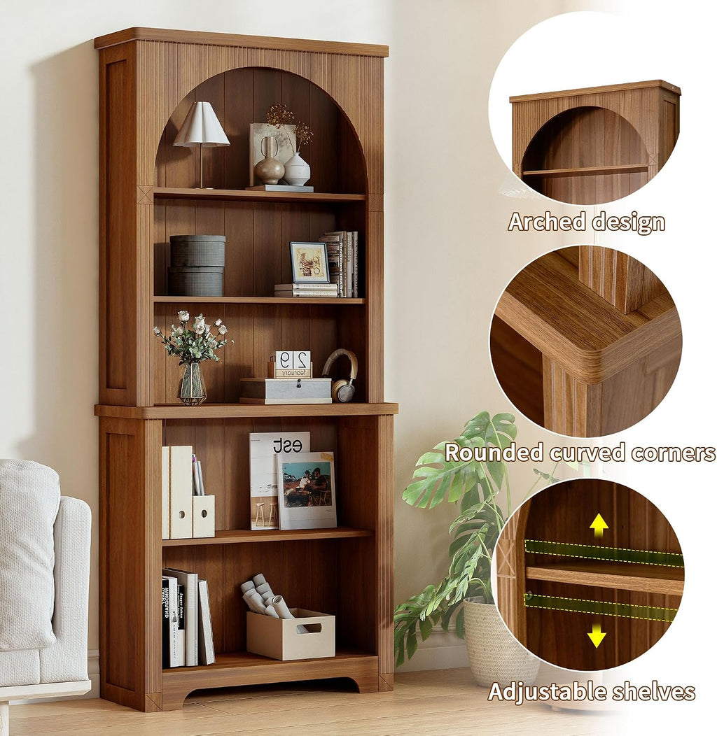 Janmer Home 71' Tall Narrow Arched Bookshelf, Mid Century Modern 5-Tier Arched Narrow Storage Bookcase with Adjustable Open Display Shelf for Office, Living Room (Walnut)