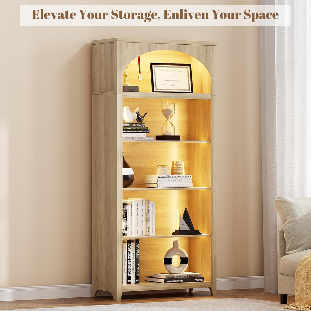 5-Tier LED Arched Bookshelf with Lights - 70'' Tall Bookcase with Storage, Floor Standing Modern Display Shelf for Living Room, Office, Study Room, Entryway, Ideal Gift, Natural Oak