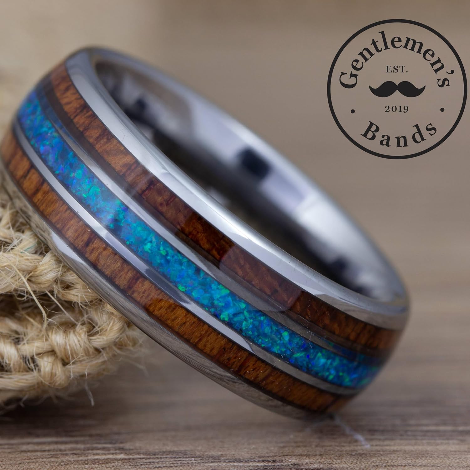 Gentlemen's Bands Premium Silver Tungsten Wedding Band with Royal Blue Opal & Koa Wood Inlay | Wedding Ring Is Ideal Gift | Package Includes Silicon Band, Walnut Ring Box, Leather Pouch