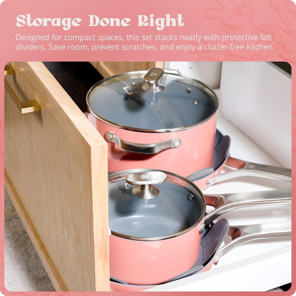 Premium Non-Toxic Ceramic Cookware Set – Triple-Layer Nonstick 12 Piece Pots and Pans with Lids, PFAS-Free, Oven Safe for Healthy Meals, Space-Saving Design, Coral Pink Color | Greater Goods