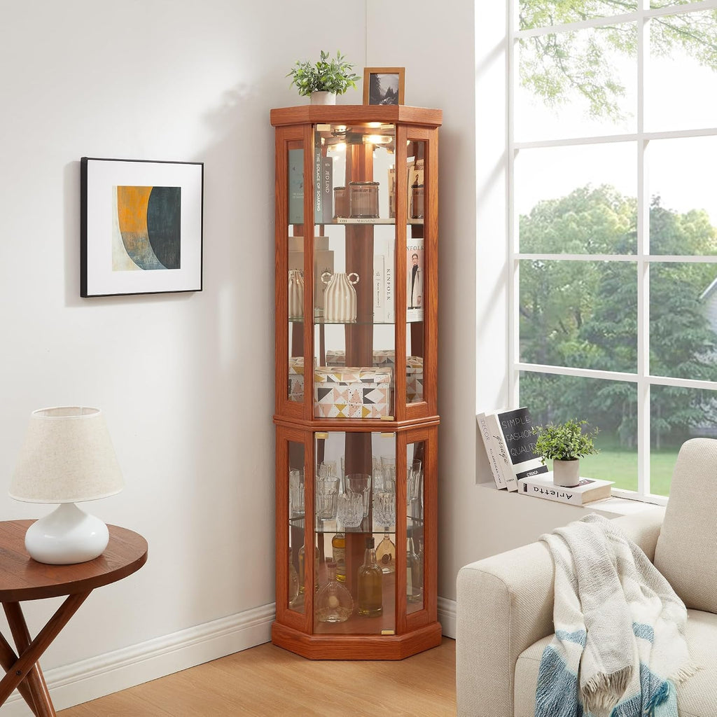 70' Lighted Corner Curio Cabinet, Wood China Display Case with Tempered Glass Doors & Adjustable Shelves, Light Bulb Included, Tall Wine Storage Rack for Bar and Liquor Storage (Dark Oak)