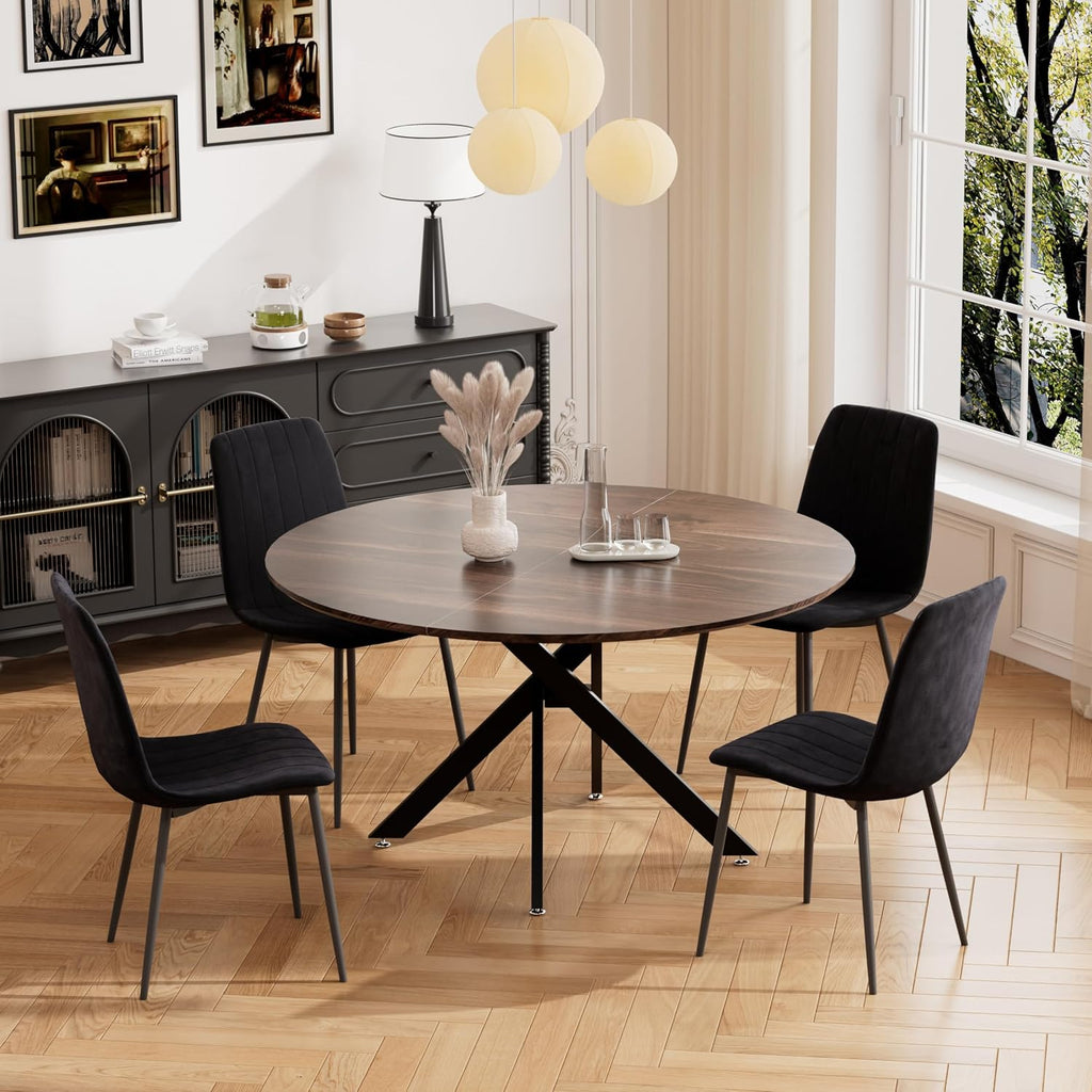 RGZ 47' Round Table Set for 4, 5 PCS Modern Wooden Circle Dining Table for 2-4, Walnut Round Dining Table with Steel Legs & 4 Black Velvet Upholstered Chairs for Dining Room, Living Room, Kitchen