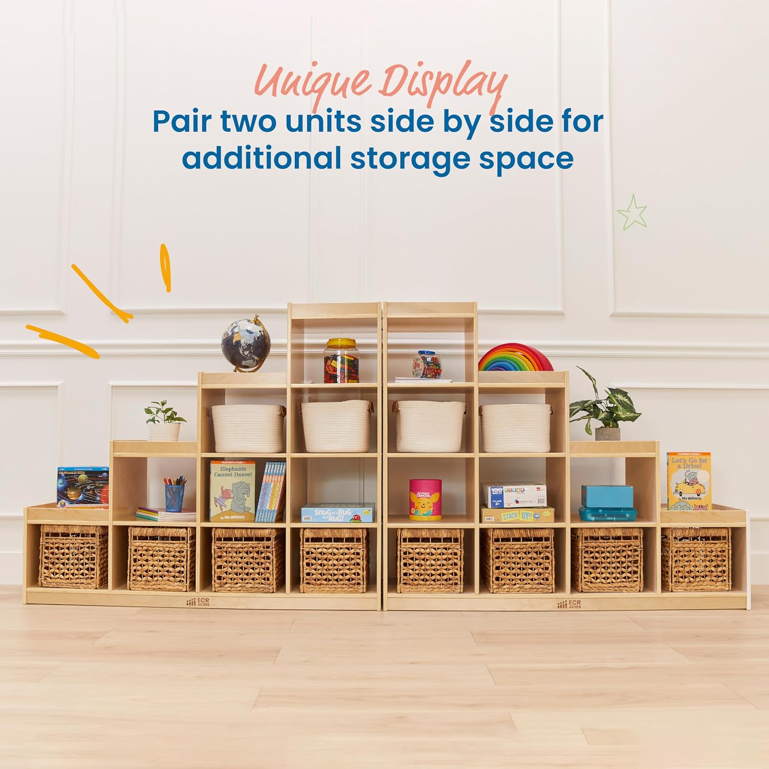 ECR4Kids 4-3-2-1 Double-Sided Cube Storage Organizer, Classroom Furniture, Natural