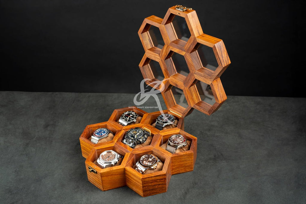Royal Craft Expertise 7-Slot Honeycomb Wooden Watch Box – Handcrafted Indian Rosewood Timepiece Display Case | Unique Multipurpose Design with Glass Lid – Luxury Gift for Him