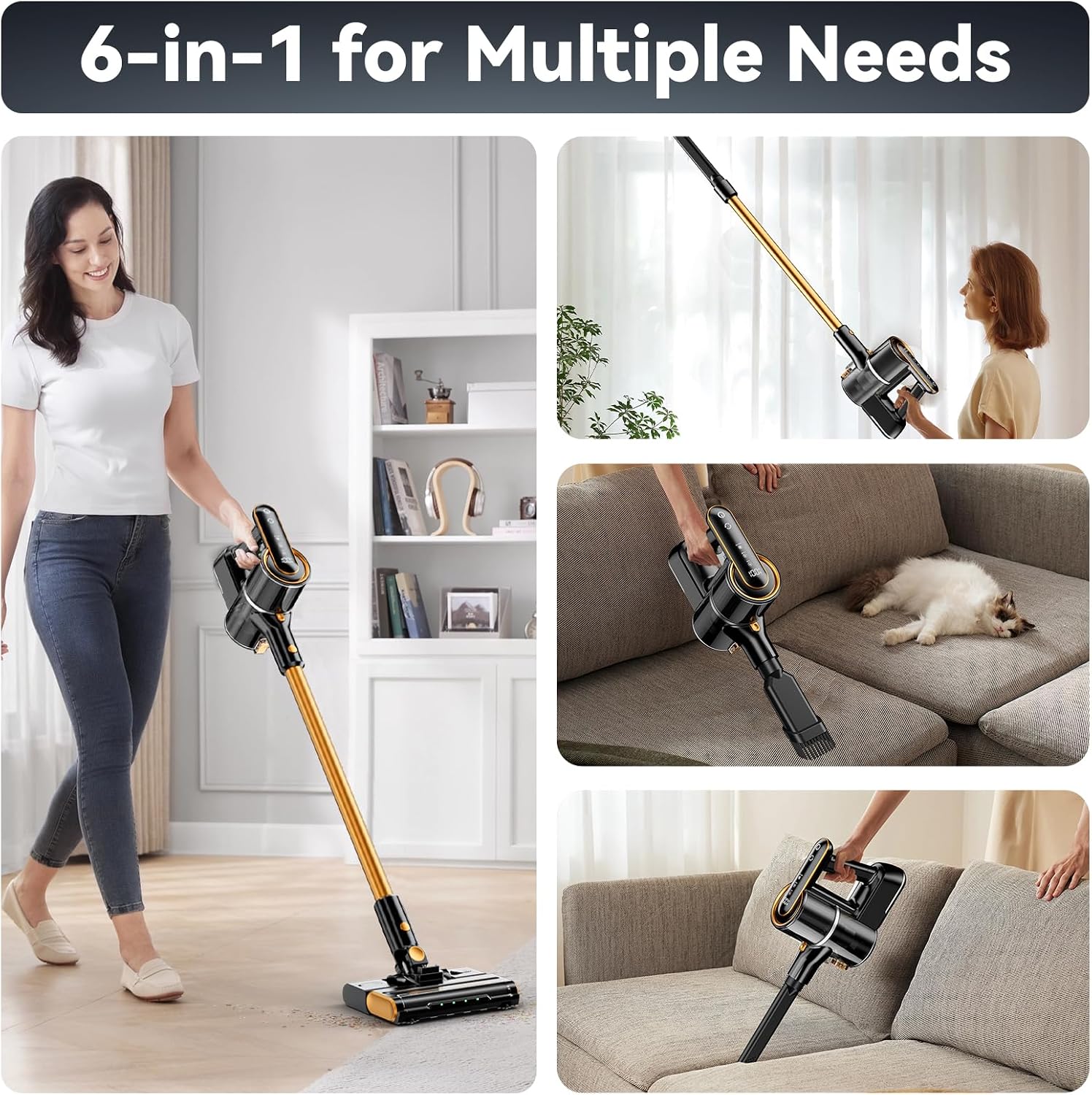 Cordless Vacuum Cleaner, 600W 50000PA Stick Vacuum Cleaners and Mop In One,4000mAh Battery with 60 Min Runtime, LED Screen and Green Headlights, Handheld Vacuum for Pet Hair Floors Carpet Sofa