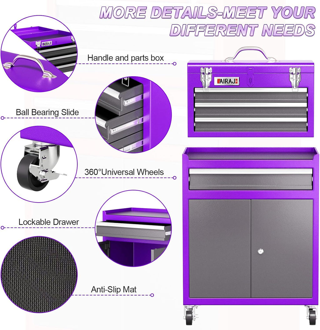 AIRAJ Rolling Tool Chest,4 Drawers Tool Chest with 4 Swivel Casters,Large-Capacity Detachable Tool Cabinet with Lock and Double Doors,Suitable for Work Shops,Warehouse and Garage,Purple