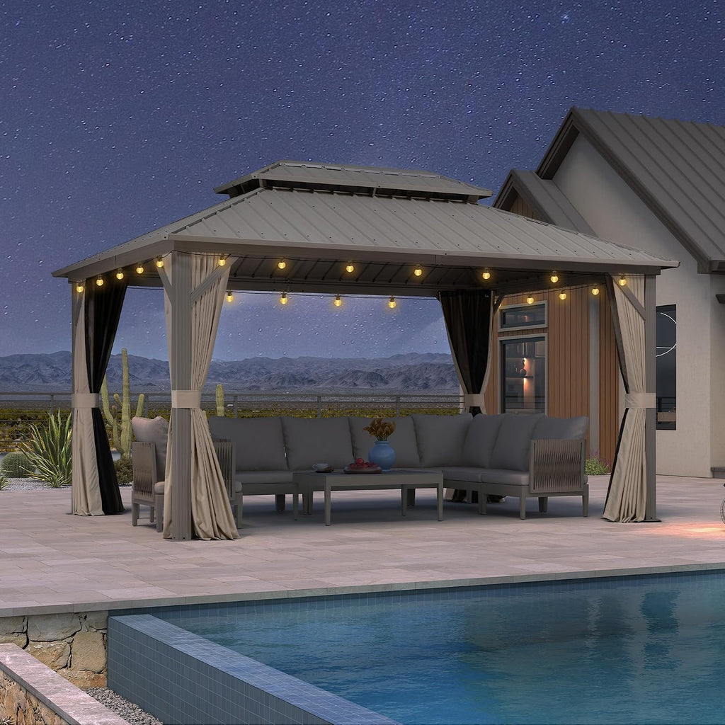 PURPLE LEAF 10' x 14' Outdoor Hardtop Gazebo, Champagne Aluminum Frame with Galvanized Steel Double Roof, Curtains and Netting for Patio Lawn and Garden
