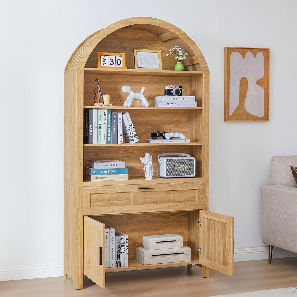Turtle&Myrtle 73' H Large Arched Bookshelf，5-Tier Arch Bookcase with Doors，Mid Century Modern Book Shelf with Drawers，Wood Bookshelf w/Open Display Shelves for Living Room, Office (Natural)
