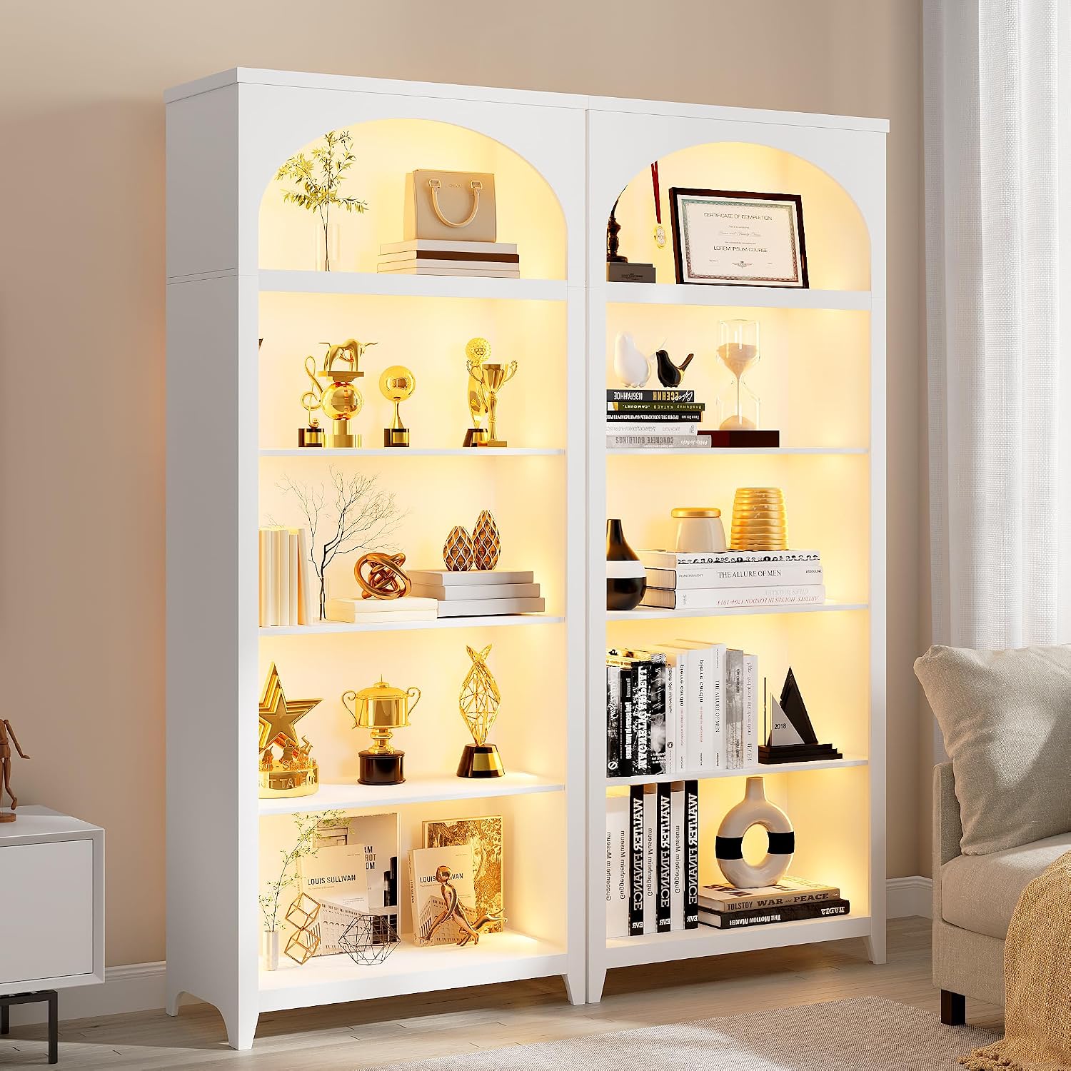 70' Arched Bookshelves and Bookcases, 2PC Floor Standing 5-Shelf Tall Bookshelf with LED Lights, Modern Farmhouse Wooden Arched Book Shelf Open Display Shelves for Living Room, Office (Rustic white)