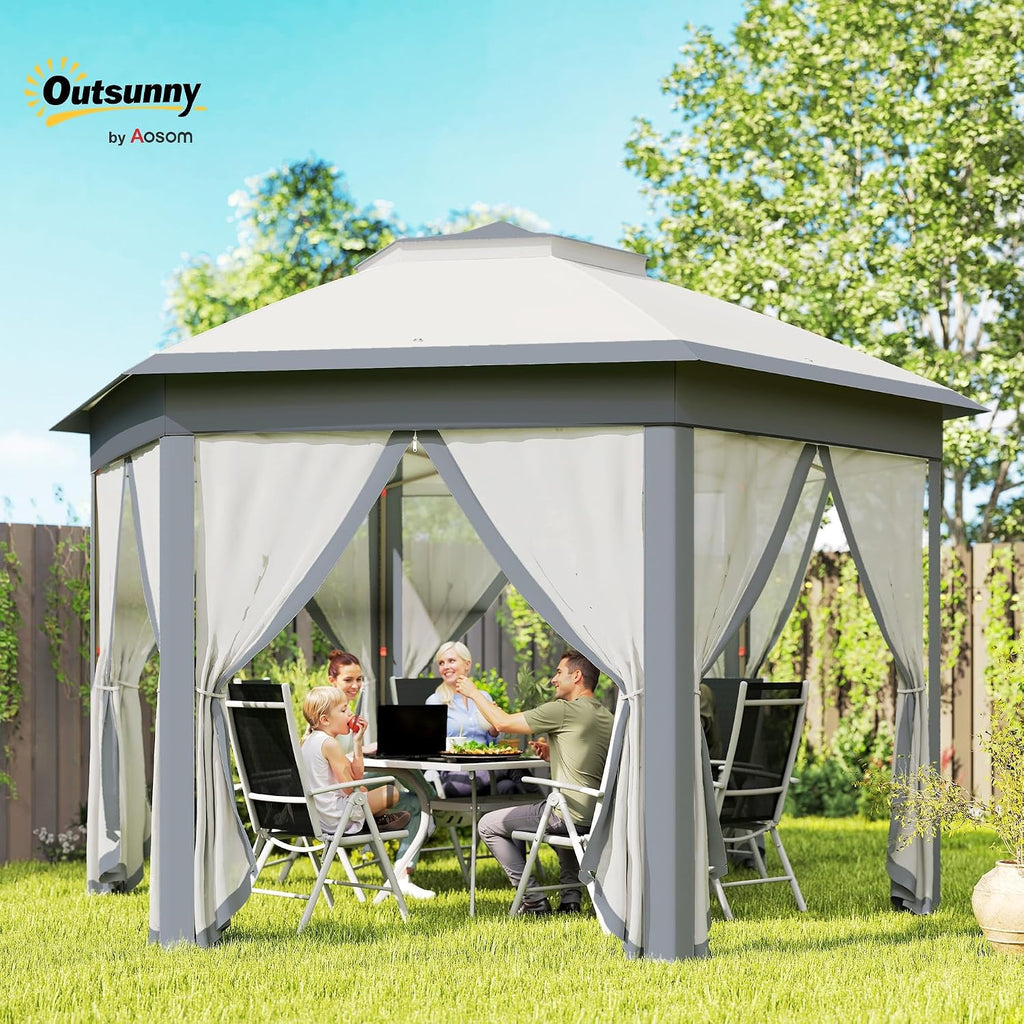 Outsunny 13' x 13' Pop Up Gazebo, Hexagonal Canopy Shelter with 6 Zippered Mesh Netting, Event Tent with Strong Steel Frame for Patio Backyard Garden Wedding Party, Gray
