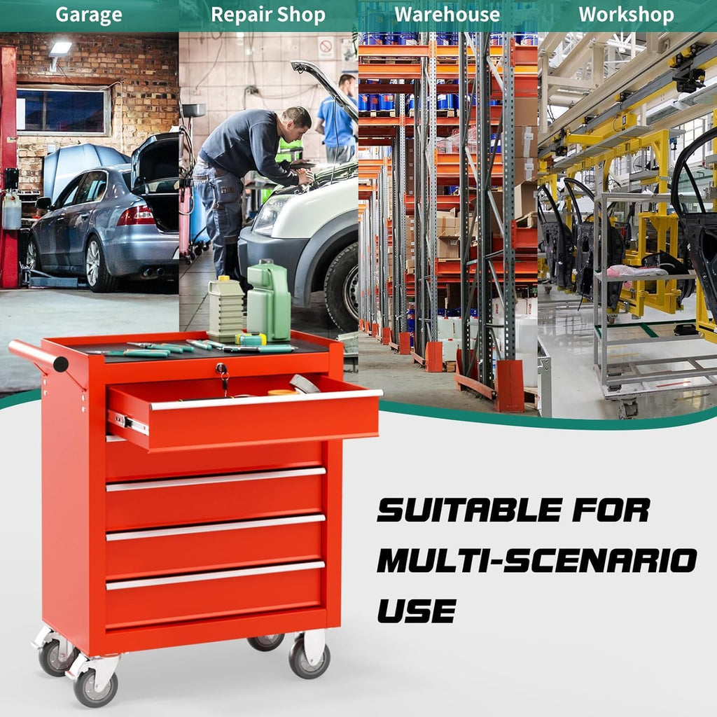 5-Drawer Rolling Tool Chest Toolbox, Rolling Tool Box with Wheels, Tool Chest with Keyed Locking System and Drawer Liners, Tool Box Organizer for Garage, Warehouse, Workshop(Red)