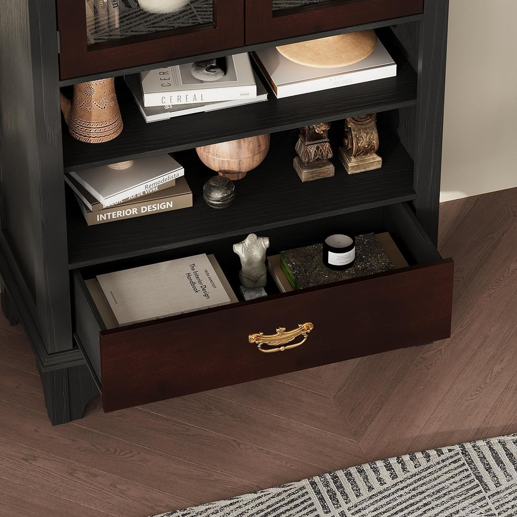 Carved Storage Cabinet with 2 Glass Doors & Drawer, Pooja Mandir with 5-Tier Shelves, Gold Accents, Decorative Cabinet Display Cabinets for Living Room Black and Brown(31.5'W x 15.7'D x 71.8'H)