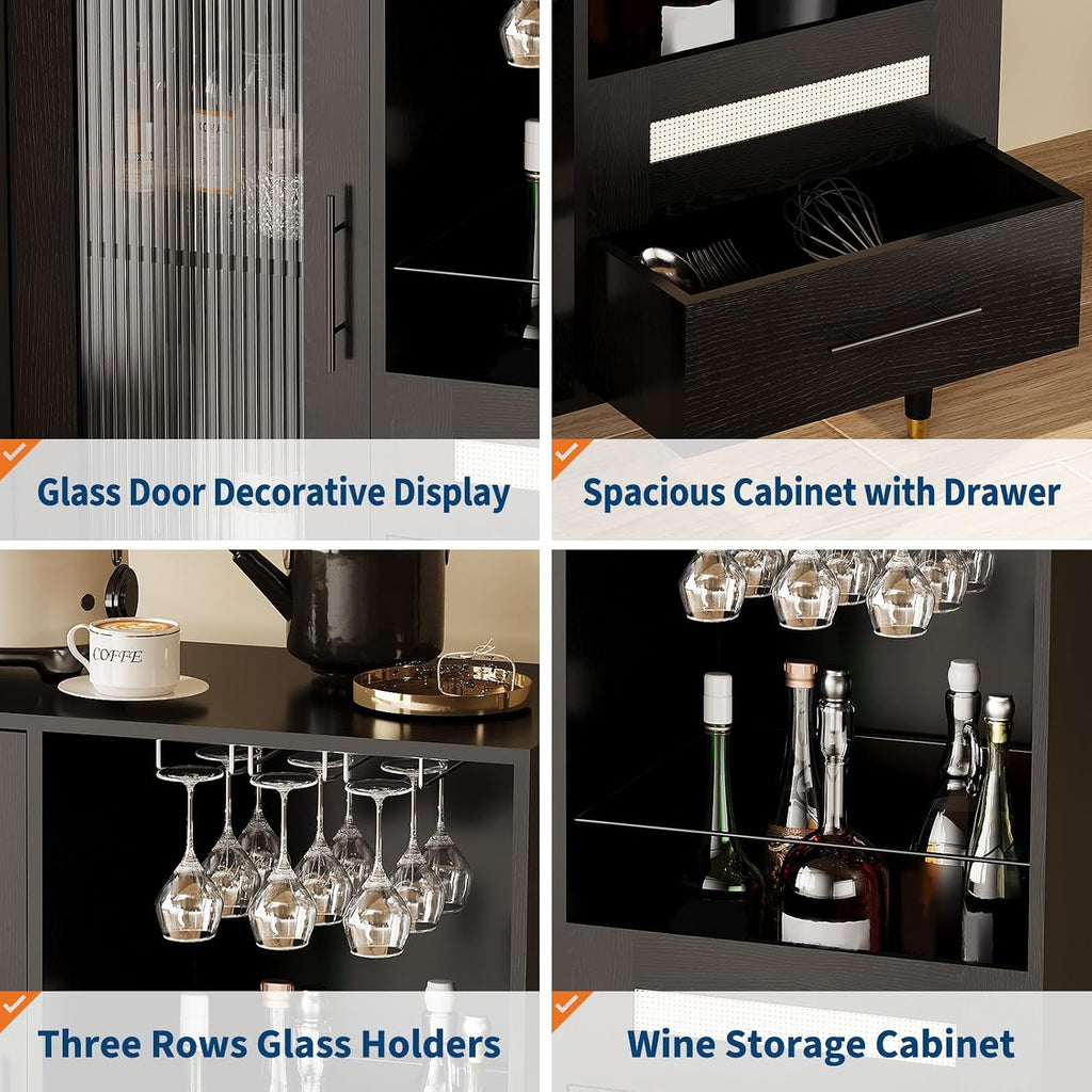 GarveeHome Modern Wine Bar Cabinet with Wine Glass Rack, Glass Door Display and Drawers, Coffee Bar & Liquor Cabinet with Storage, Buffet Sideboard Table for Home, Kitchen, Dining Room, Living Room
