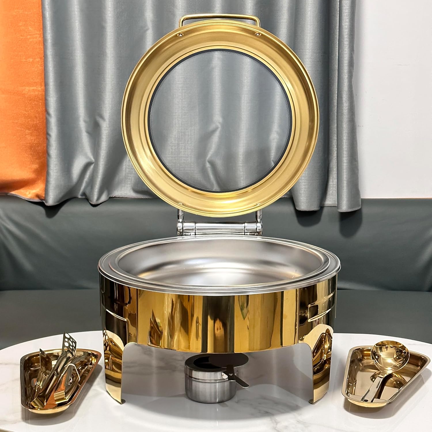 1Pack 6.8 Qt Golden Chafing Dish Buffet Set with Big Visible Window, Round Stainless Steel Buffet Servers and Warmers for Catering, Parties, Hotels and Weddings
