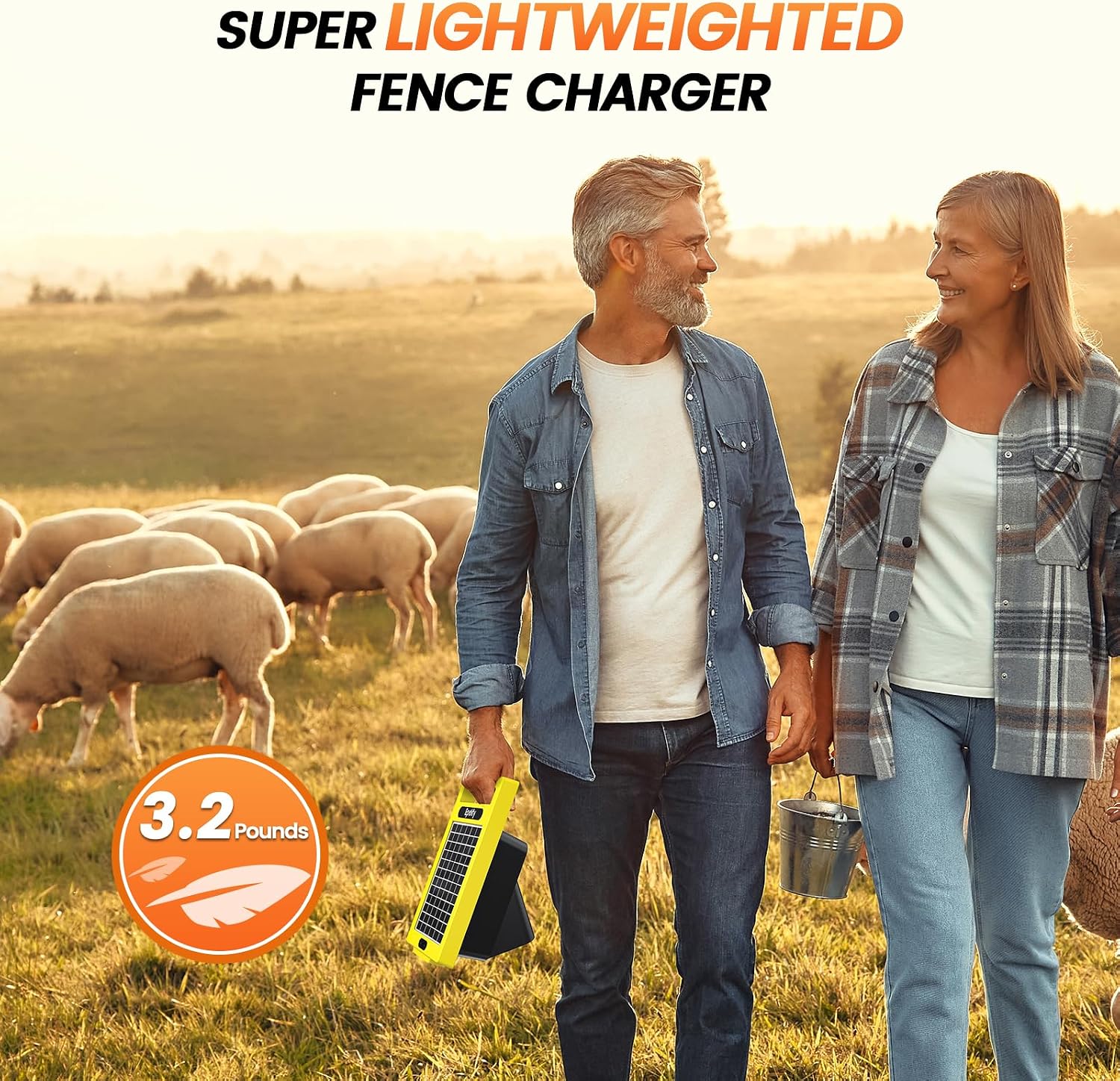24 Hour Solar Electric Fence Charger, 20 Miles, Up to 10200v Output Range Electric Fence Charger, 0.32J Portable Energizer with Rechargeable Solar Panel for Livestock & Predator Protection