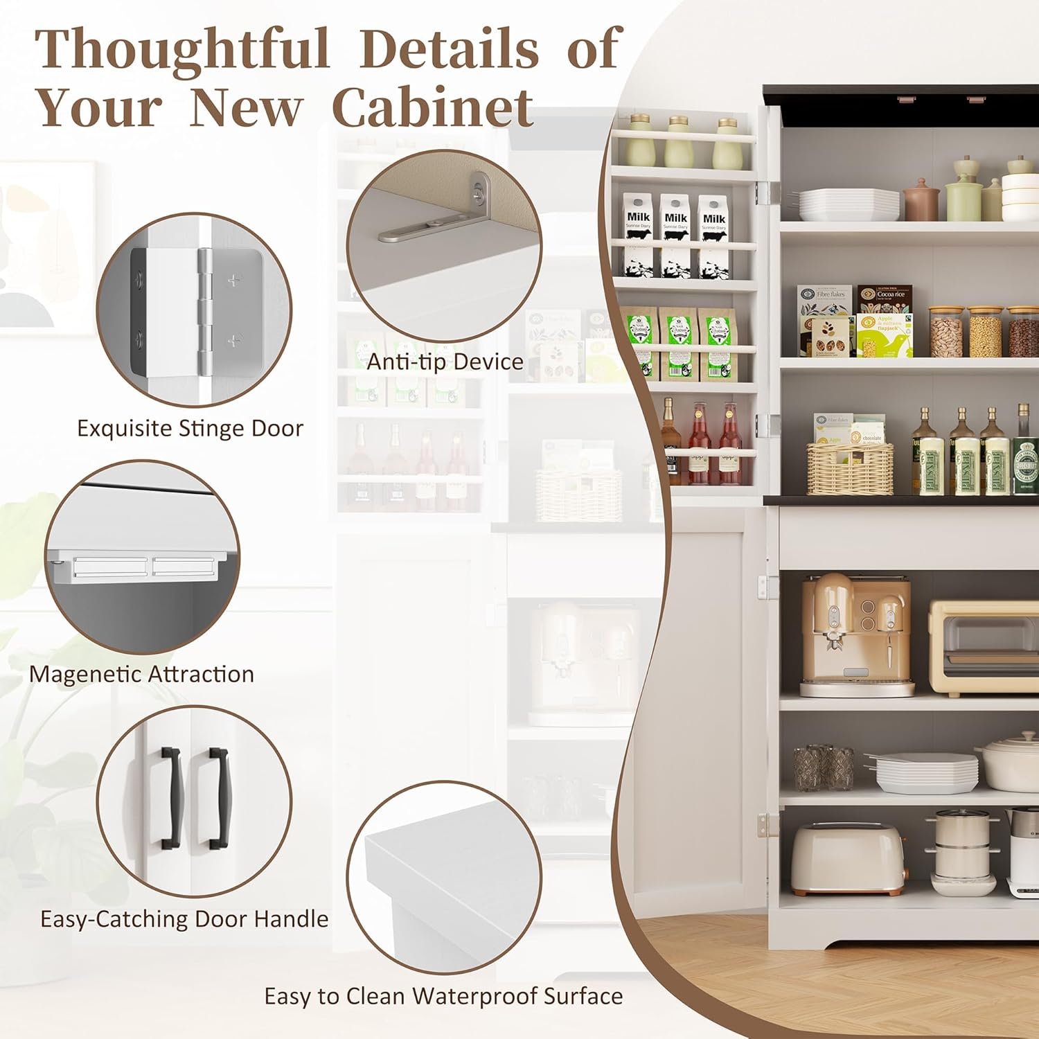 Shintenchi Kitchen Pantry Cabinet, Freestanding Farmhouse Storage Cabinet with 8 Door Shelves, 2 Cabinets and 1 Drawer, Tall Cupboard for Kitchen, Living Room, Dining Room and Bathroom, White